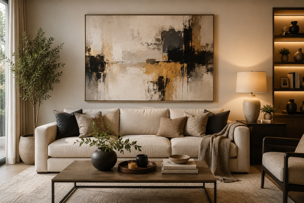 Modern living room showcasing oversized abstract wall art above a neutral sofa.