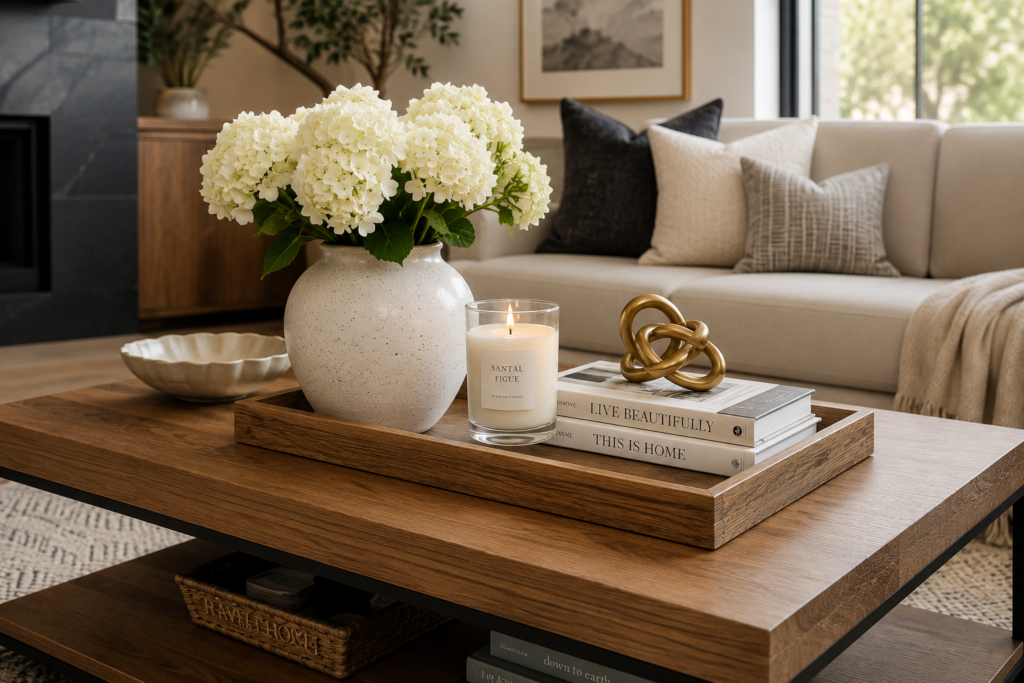Stylish coffee table decorated with books, candles, flowers, and elegant home accessories.
