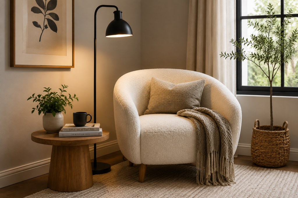 Cozy reading corner featuring a modern boucle accent chair and floor lamp.
