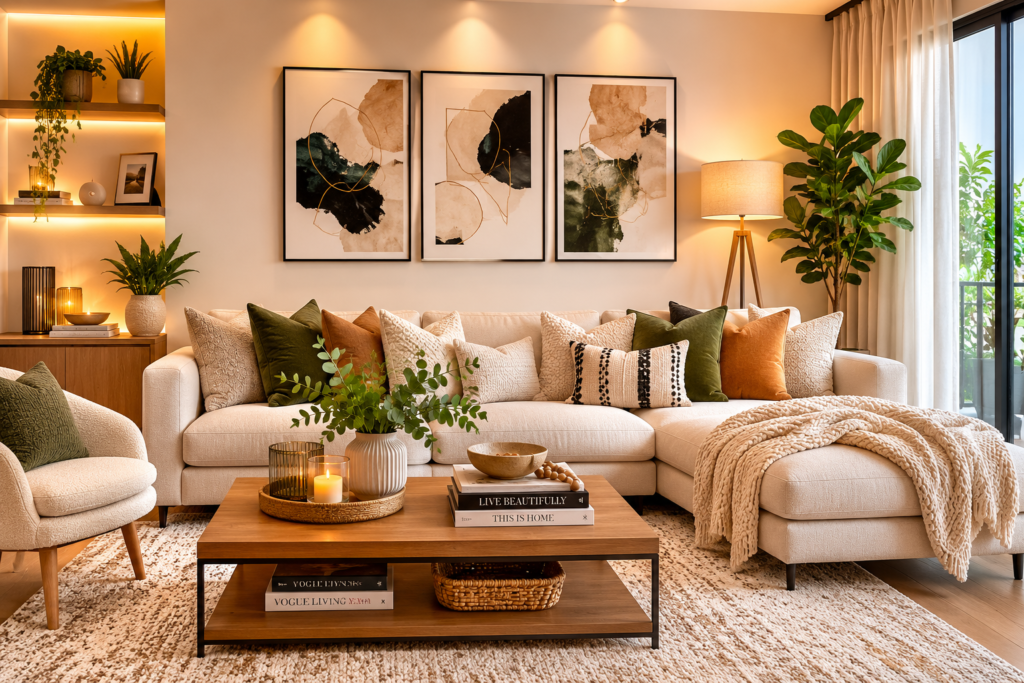 Modern living room decorated with stylish furniture, layered textures, and elegant home accessories.