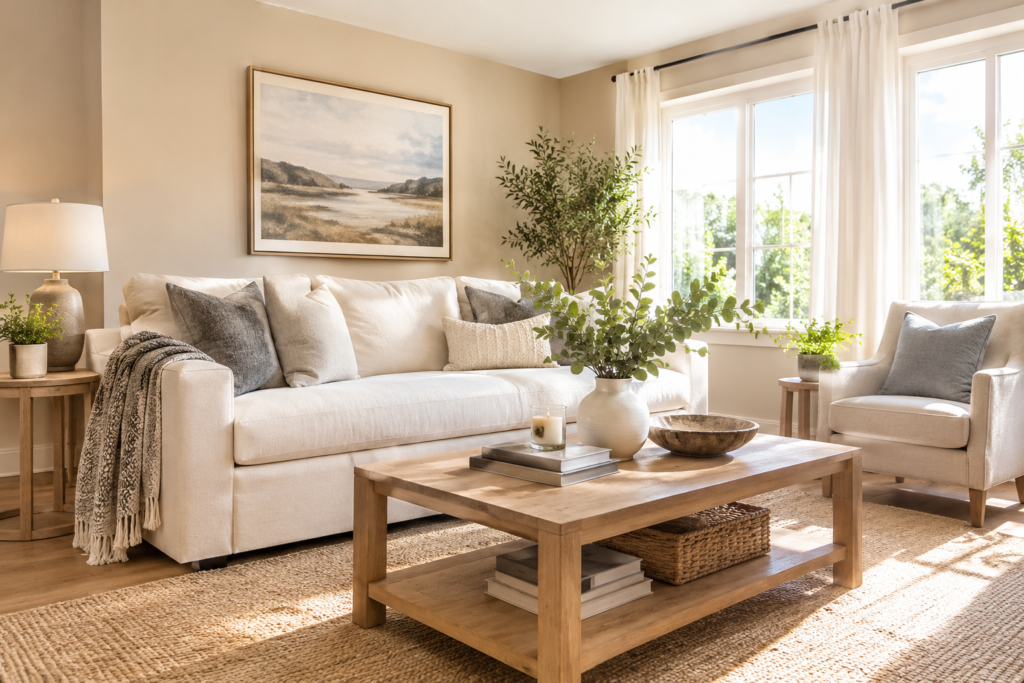 Elegant neutral living room with beige and cream furniture creating a luxurious atmosphere.