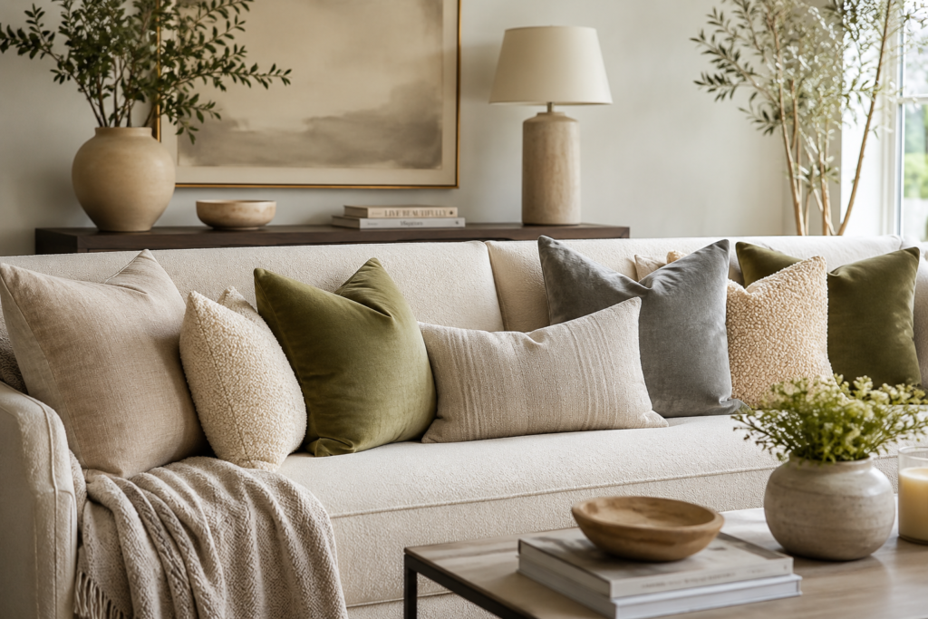 Stylish living room sofa decorated with layered throw pillows in neutral colors.
