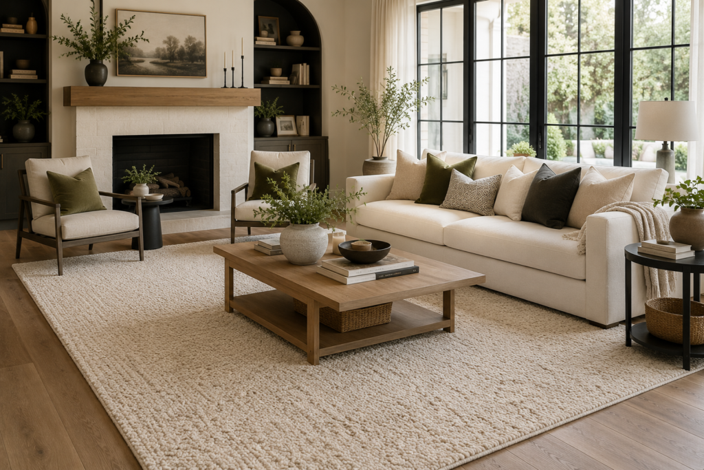 Elegant living room with a large neutral area rug creating a cozy seating space.
