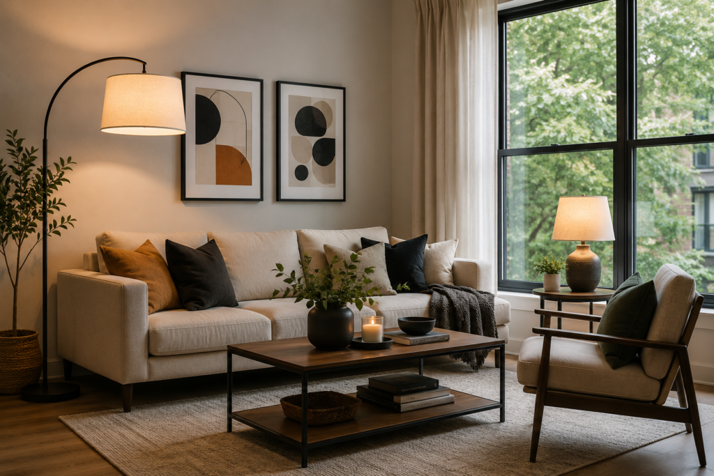 Cozy living room with layered lighting and modern decorative lamps.