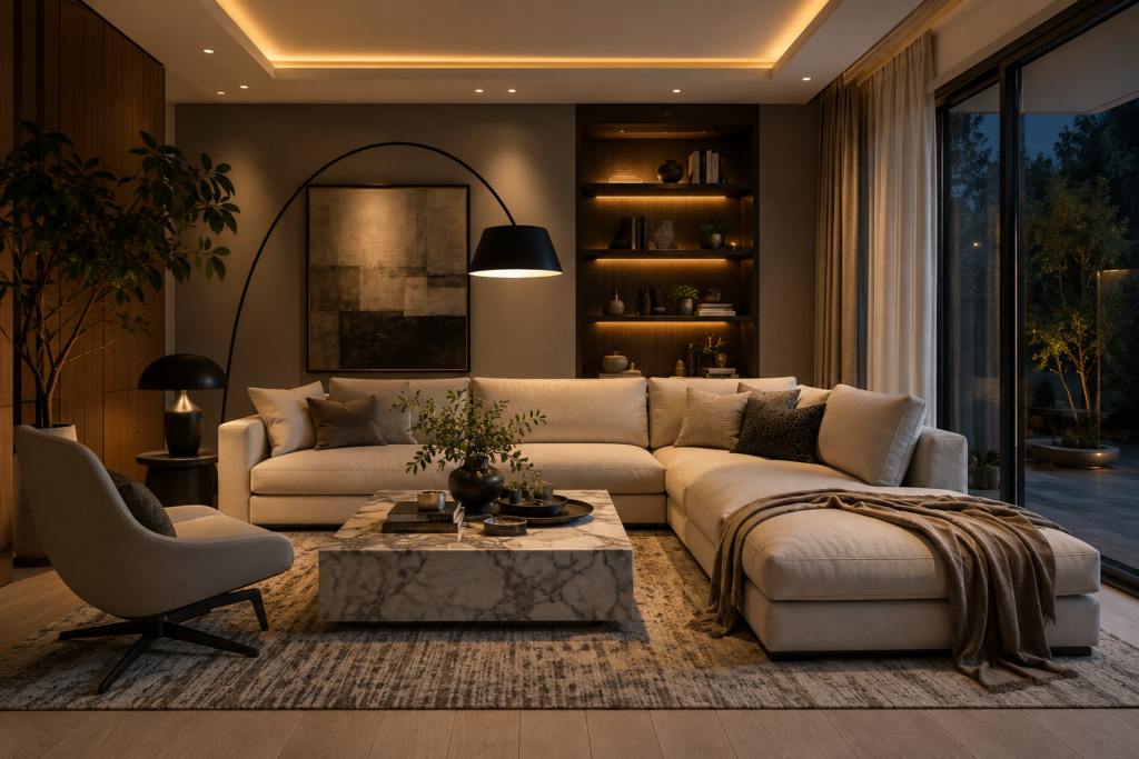 Modern living room featuring a stylish black arc floor lamp beside a neutral sofa.