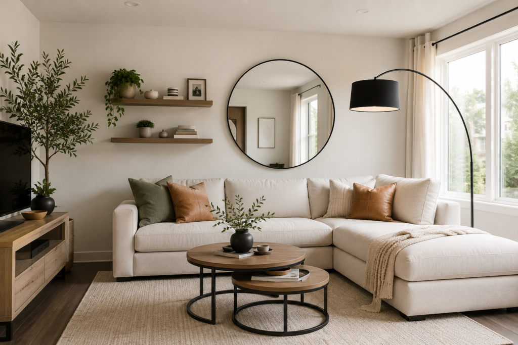 Small modern living room decorated with space-saving furniture, a large mirror, and a stylish floor lamp.